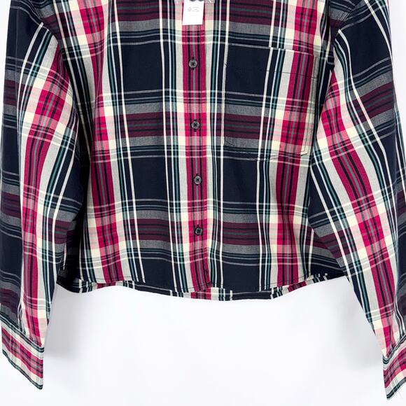 J Crew Cropped Tartan Plaid Button Down Shirt Women's Medium Black Red - Picture 6 of 15